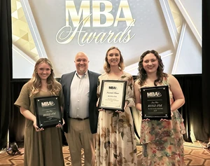 Students from the College of the Ozarks radio station, KCOZ, receive recognition at the Missouri Broadcasters Association Awards Banquet held in Osage Beach. Pictured (left to right): Raegan Moore, senior marketing major; Josh Williams, assistant professor of communication arts and KCOZ station manager; Kat Anderson, senior Christian apologetics major; Aubrie Fewin, senior video production major.

